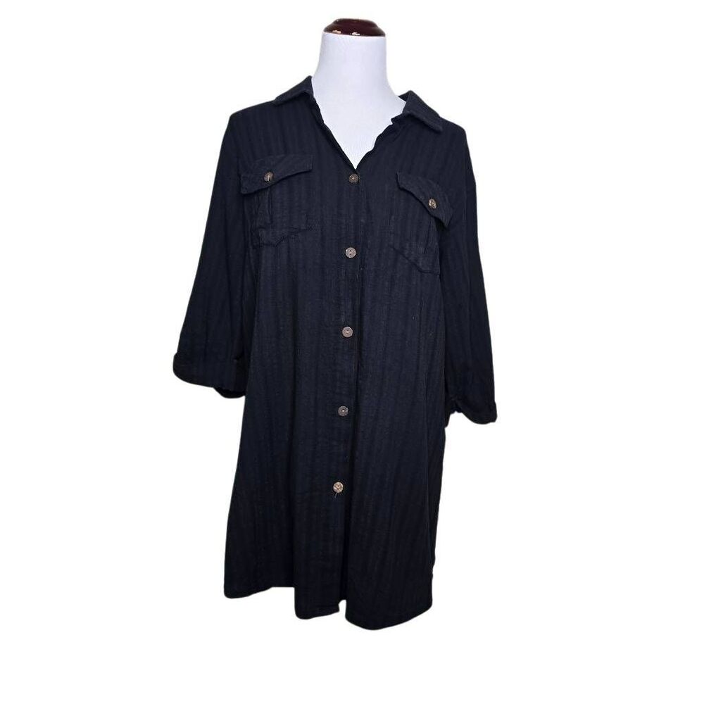 Dotti Black Subtle Stripe Roll Tab Sleeve Button Down Shirt Dress Cover Up M